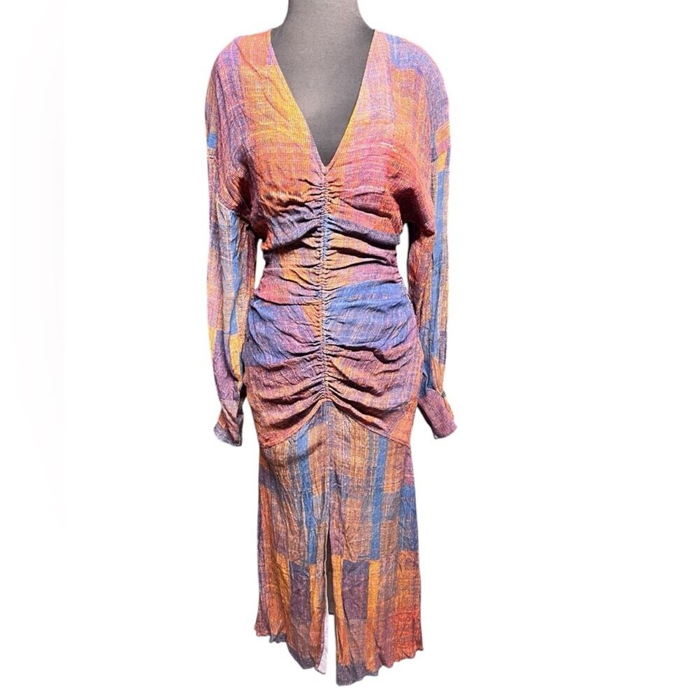 Equipment Multicolored Ruched V Neck Maxi Dress S Eclectic Artsy Colorful Femme